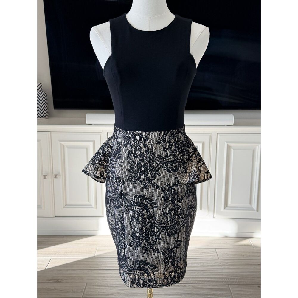 bebe Black Lace Print Peplum Dress, Size S, Sleeveless